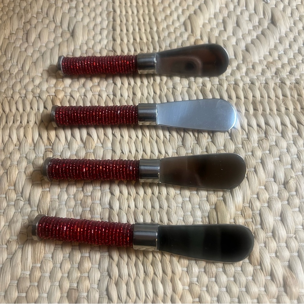 Christmas Beaded Red and Silver Cheese Spreaders Set 4